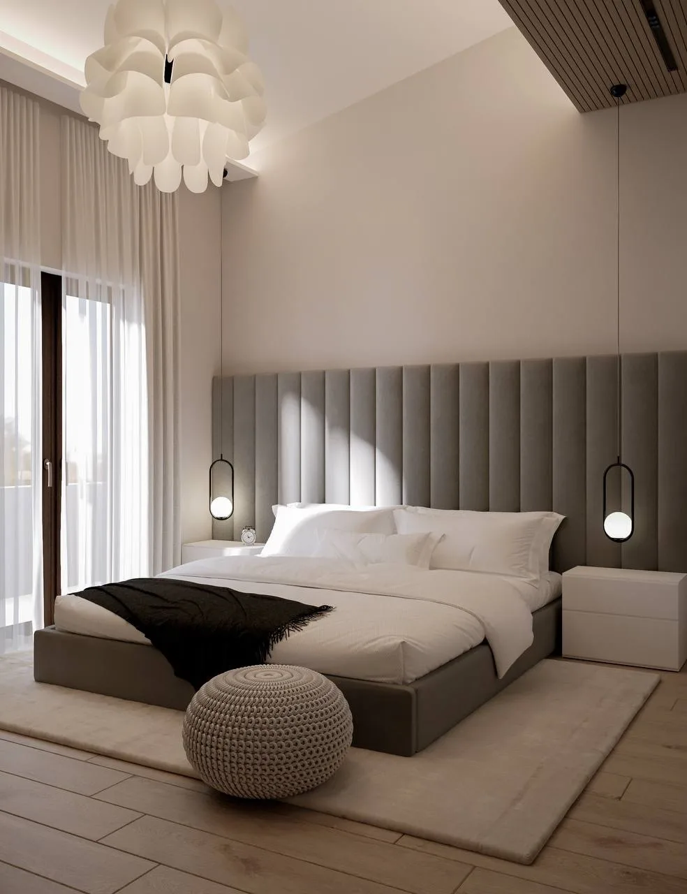 Camera da letto con testiera imbottita a tutta parete