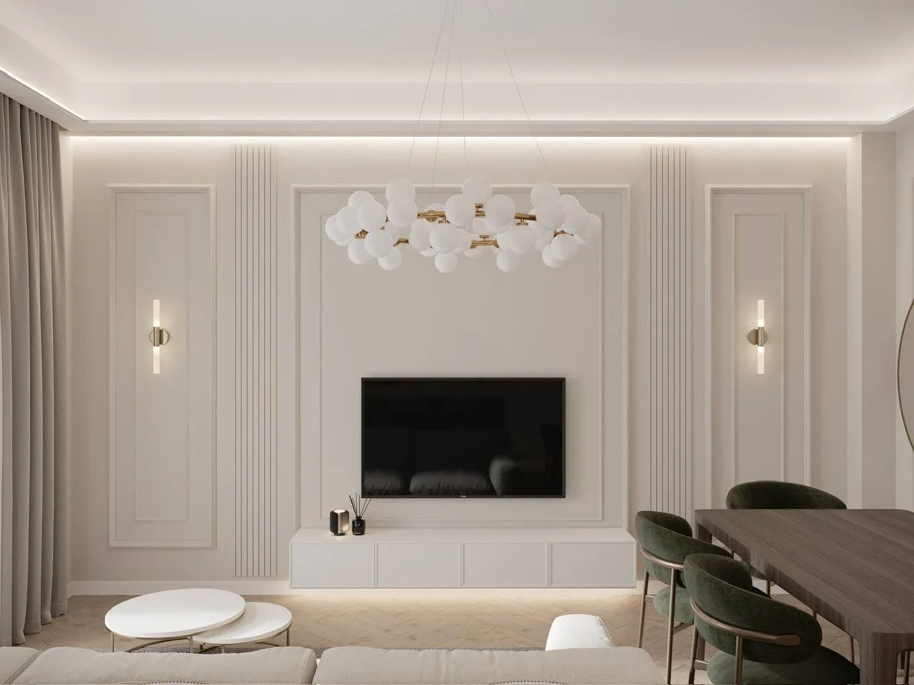 Soggiorno con boiserie, cannettati e gola luminosa