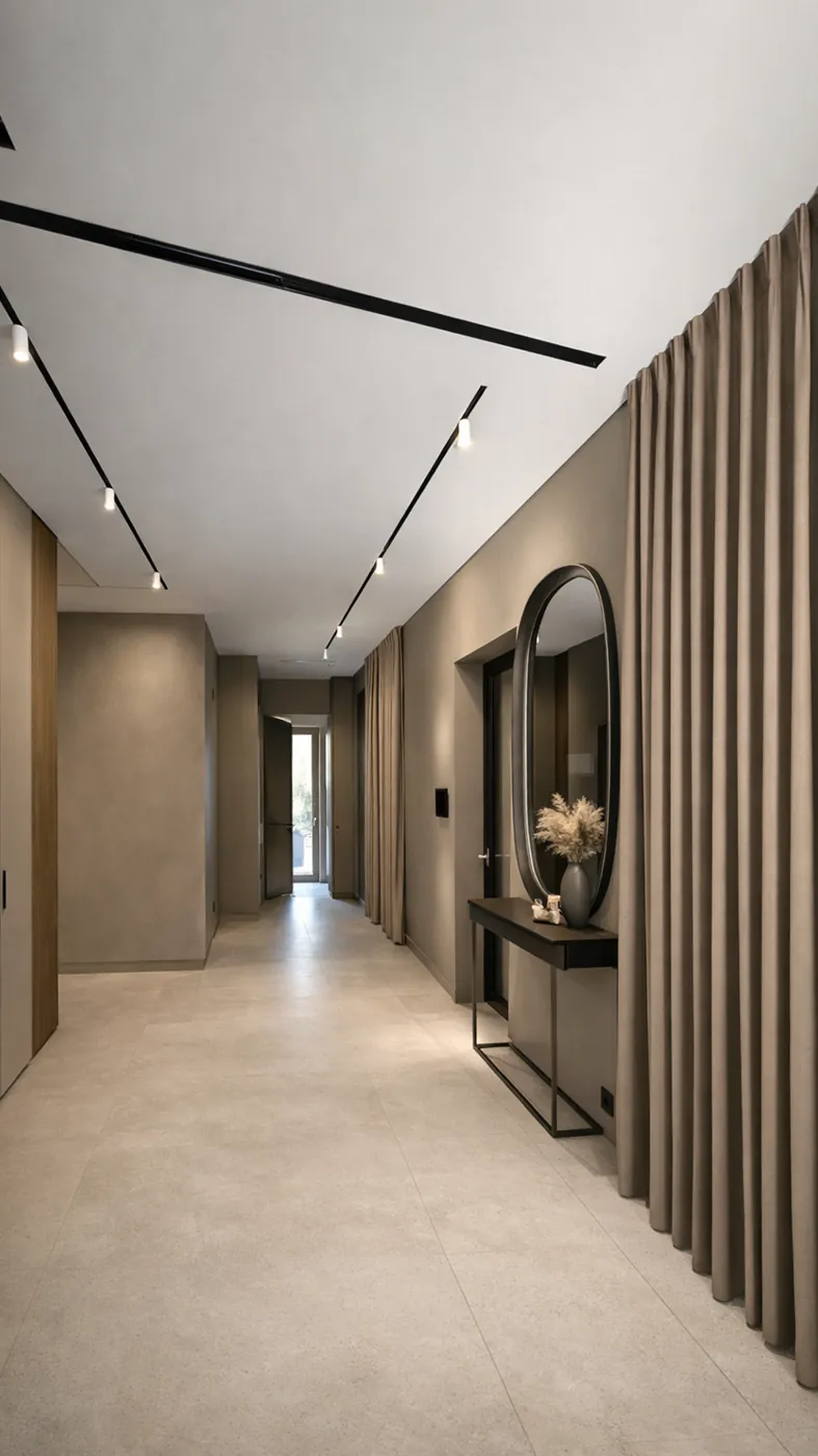 Corridoio con binari LED a soffitto, tende a tutta altezza e specchio ovale, Roma Olgiata