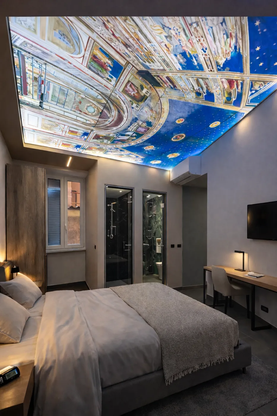 Camera con soffitto teso affrescato retroilluminato e bagni con porte in vetro, Roma Porta Pia